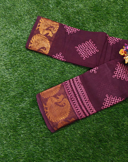 Dark Maroon Cotton Saree with Pink Thread Kolam Design & Peacock Border