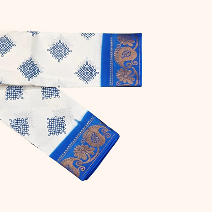White Kolam Design Sungudi Cotton Saree with Royal Blue Border