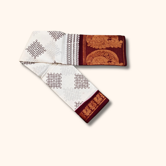 White Pure Cotton Sungudi Saree with Maroon & Gold Floral Border
