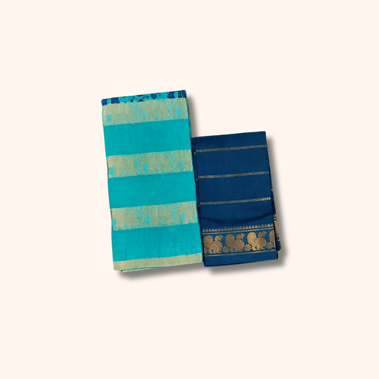 Turquoise Blue Printed Sungudi Cotton Saree with Gold Zari Elephant Border 120s Count