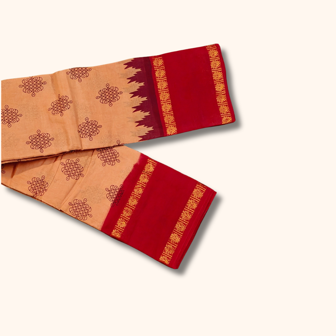 Peach Sungudi Cotton Saree with Red Traditional Border – Running Blouse