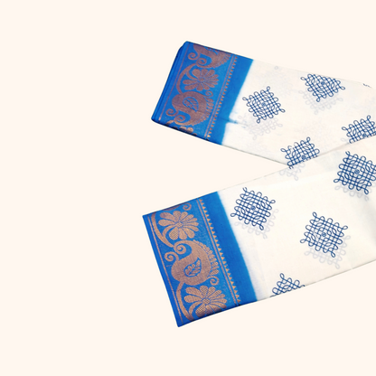 White Kolam Design Sungudi Cotton Saree with Royal Blue Border