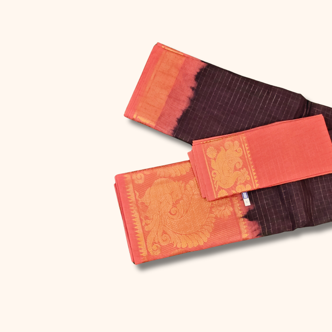 Brown Thread Work Sungudi Cotton Saree with Coral Peach Contrast Peacock Zari Border