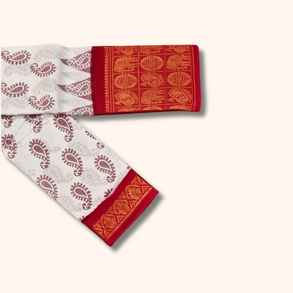Off White Sungudi Cotton Saree with Red Elephant Border