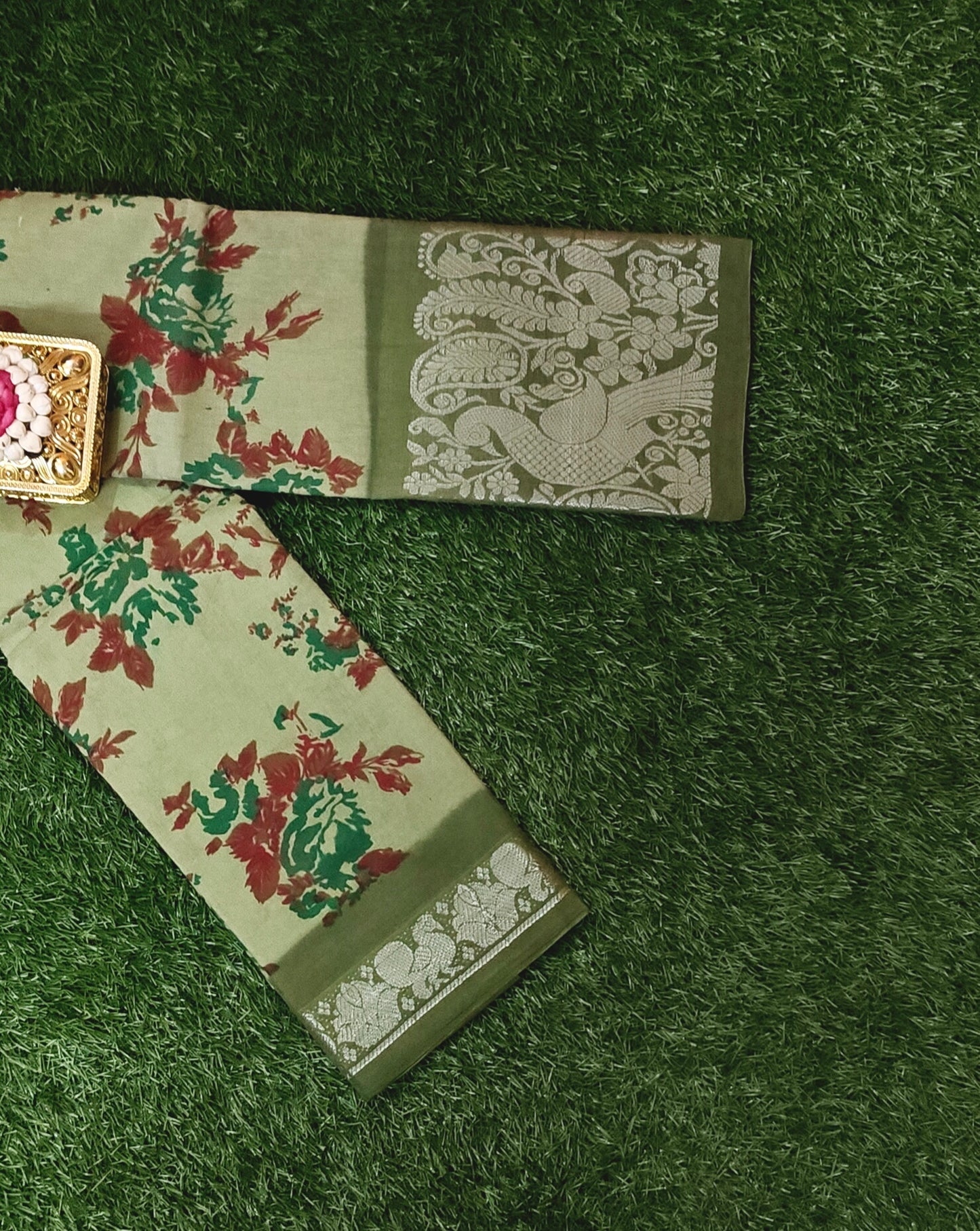 Olive Green Floral Cotton Saree with Peacock Zari Border