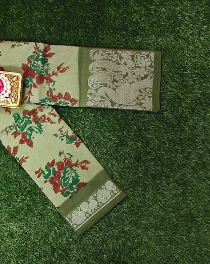 Olive Green Floral Cotton Saree with Peacock Zari Border