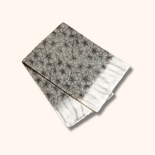 White & Grey Floral Printed Pure Cotton Saree with White Border