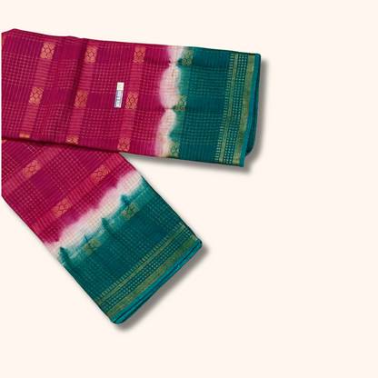 Pink & Peacock Green Sungudi Cotton Running Blouse Saree