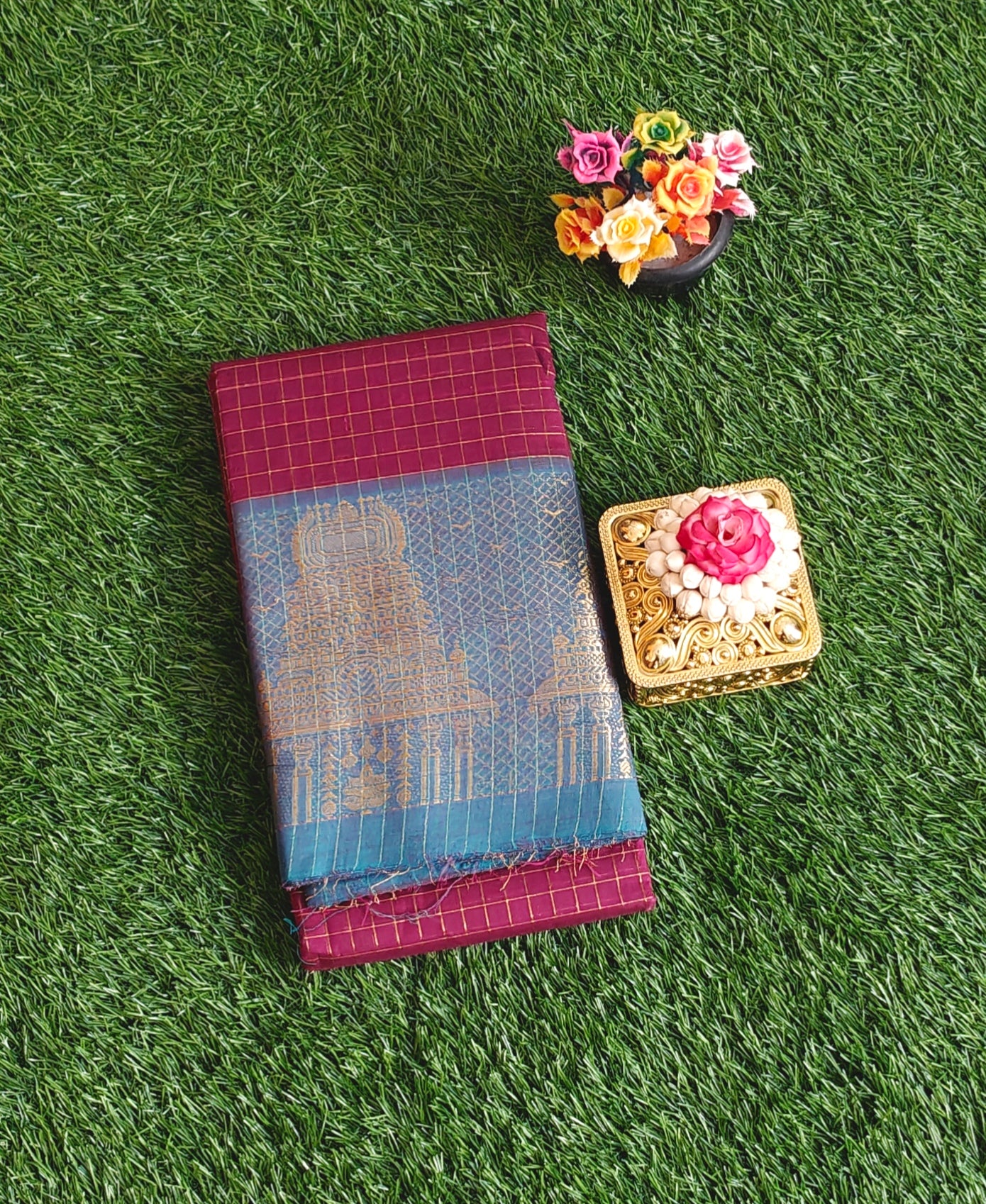 Authentic Chettinad Cotton Saree with Meenakshi Gopuram Border – Maroon Checks with Blue Temple Border