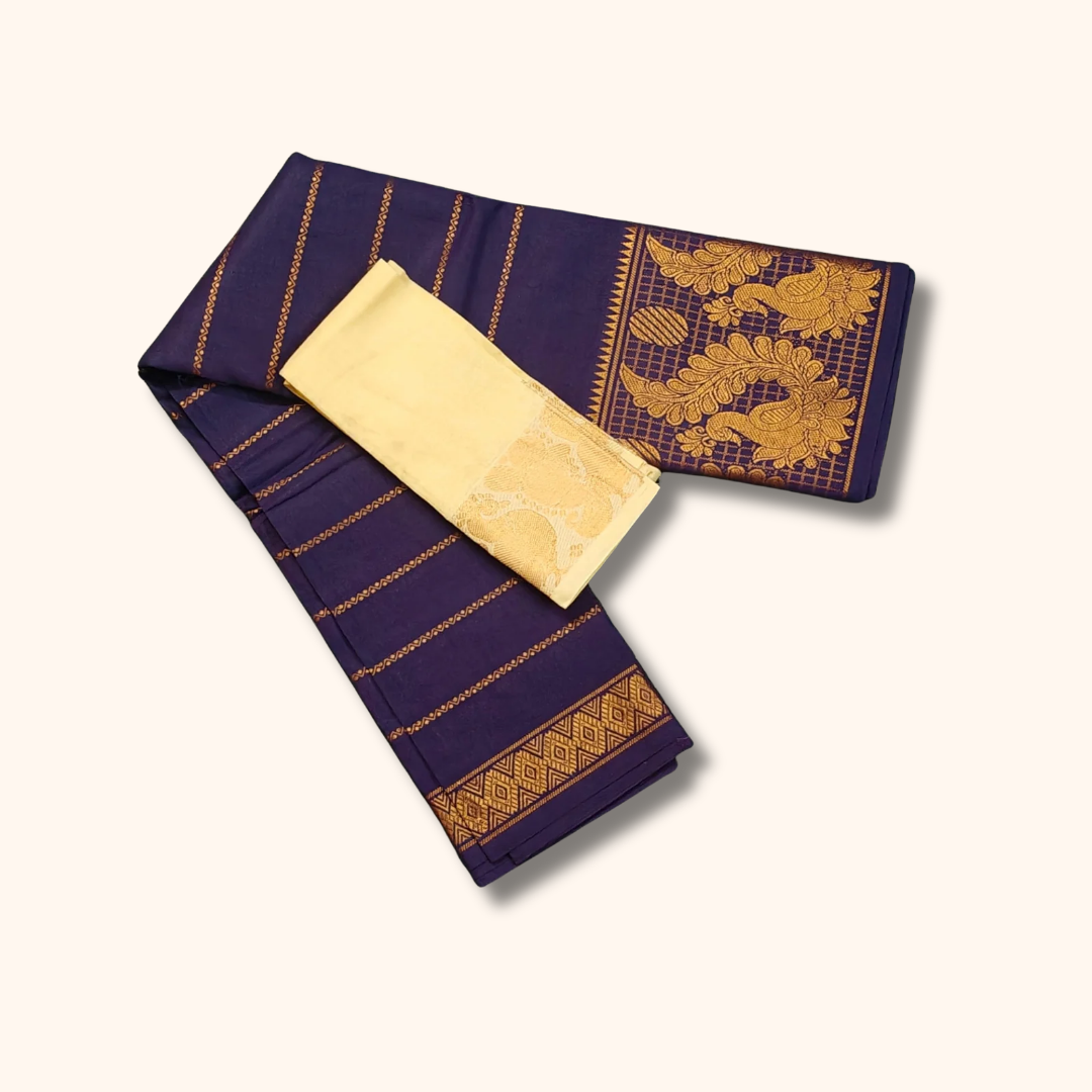 Navy Blue Pure Sungudi Cotton Saree with Gold Zari Floral Border & Cream Blouse Piece