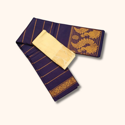 Navy Blue Pure Sungudi Cotton Saree with Gold Zari Floral Border & Cream Blouse Piece