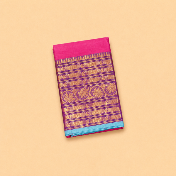 Rani Pink Chettinad Cotton Saree with Purple Zari Border
