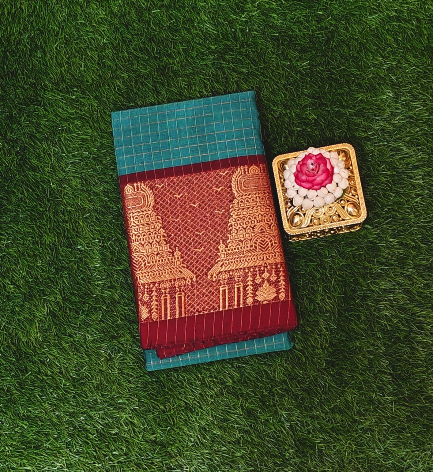 Teal Green Chettinad Cotton Saree with Meenakshi Gopuram Border