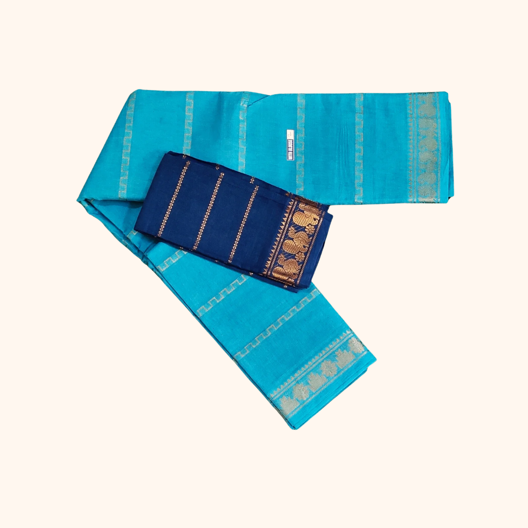 Turquoise Blue Sungudi Cotton Saree with Navy Blue Peacock Border Blouse