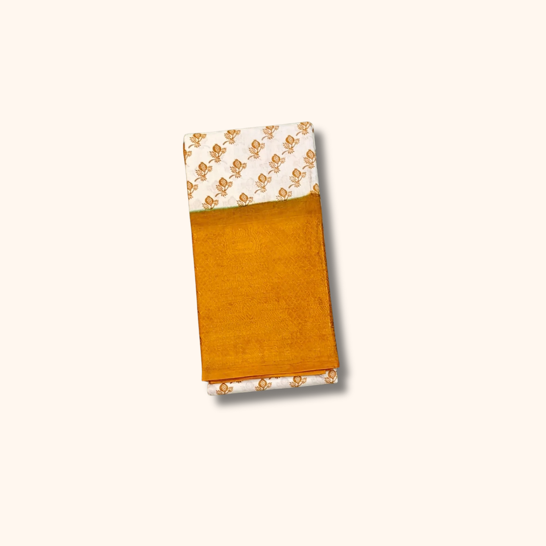 Off-White Cotton Saree with Mustard Floral Print & Gold Zari Border – No Blouse
