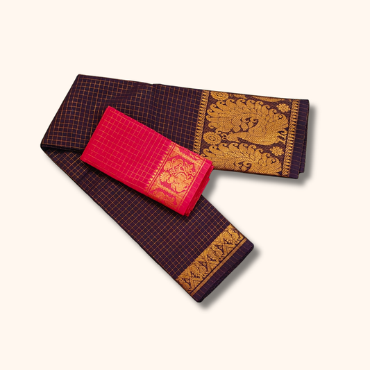 Coffee Brown Sungudi Cotton Saree with Gold Checks and Peacock Zari Border – Separate Blouse Piece Included
