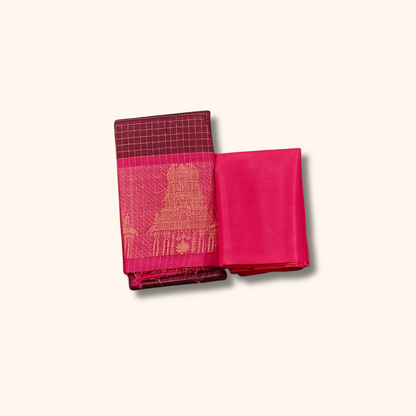 Wine Maroon Chettinad Cotton Saree with Pink Temple Border & Gold Zari – Separate Blouse Piece