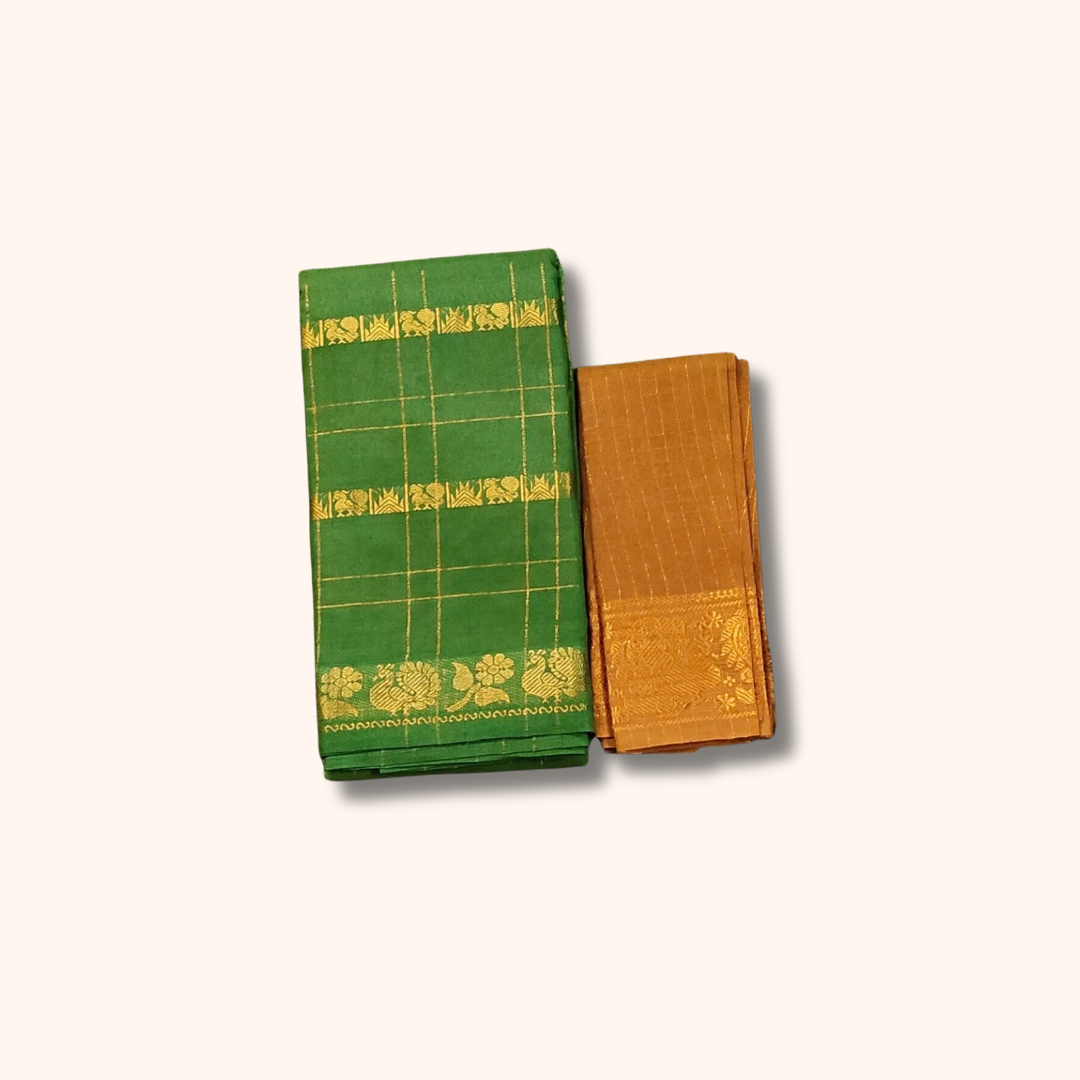 Green Pure Sungudi Cotton Saree with Gold Zari Checks & Separate Blouse Piece