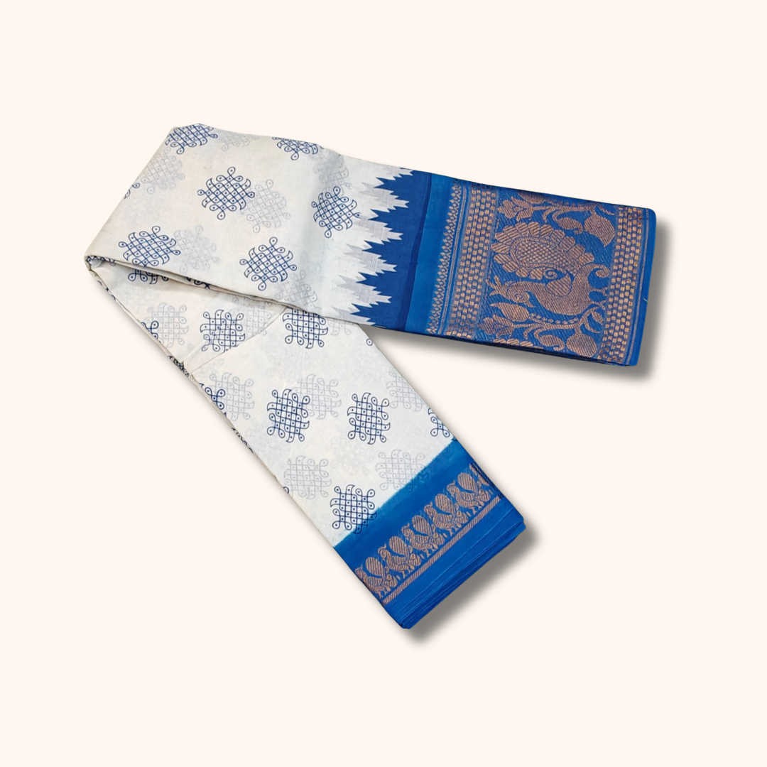 White & Royal Blue Traditional Sungudi Cotton Saree with Designer Blue Border