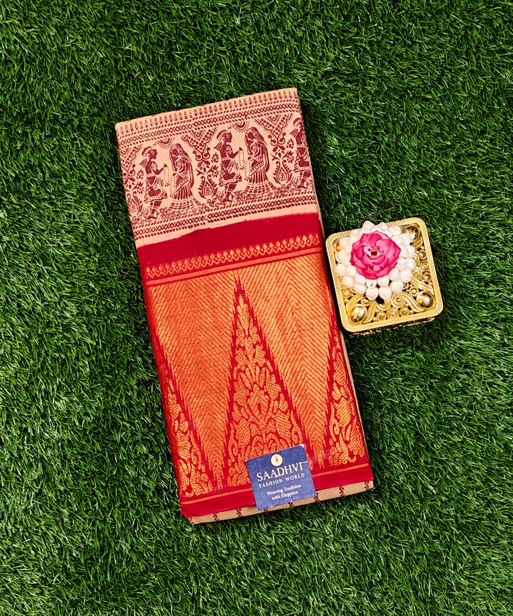 Beige Sungudi Cotton Saree with Rich Maroon Border