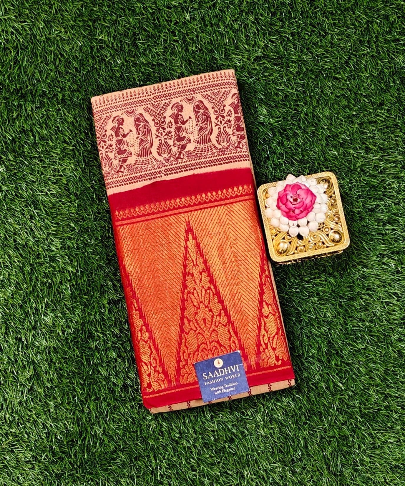 Beige Sungudi Cotton Saree with Rich Maroon Border