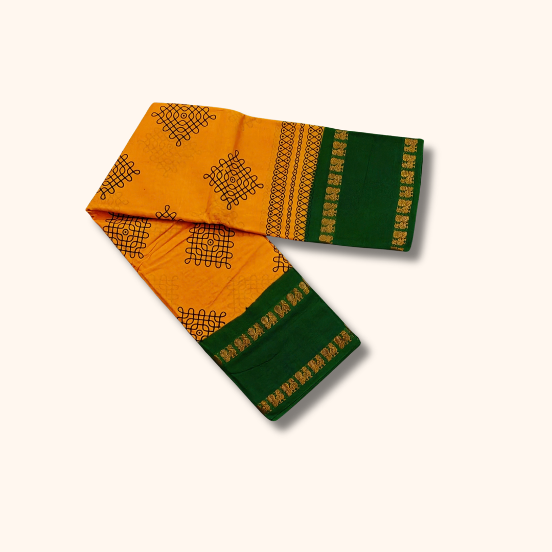 Mustard Yellow Sungudi Cotton Saree with Bottle Green Traditional Border – Running Blouse