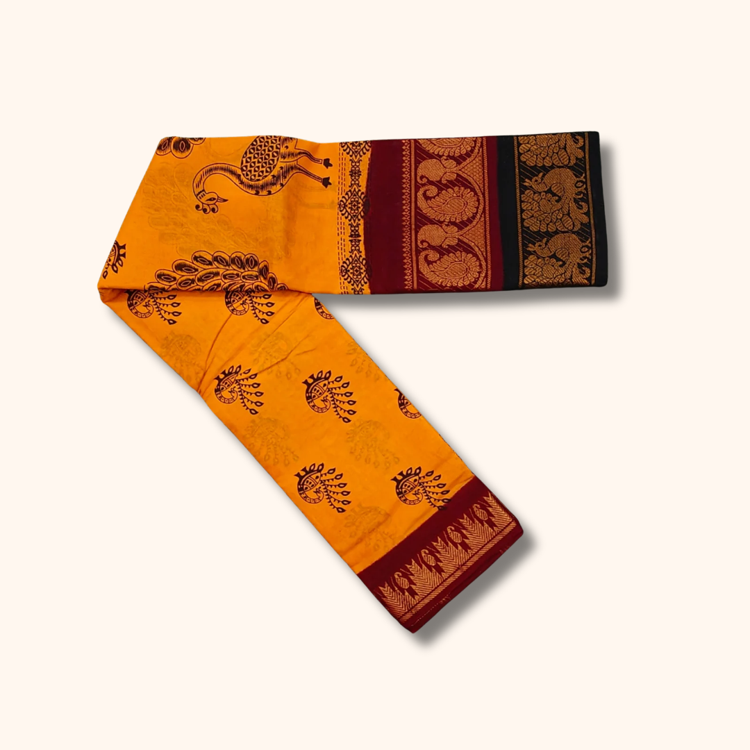 Mustard Yellow Peacock Print Double Border Sungudi Cotton Saree