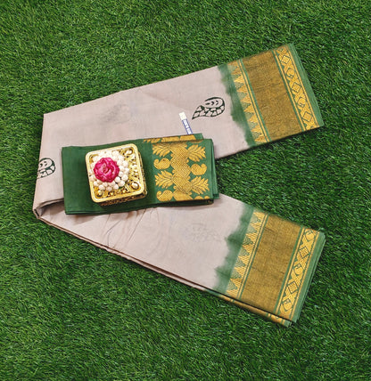 Beautiful Grey Sungudi Cotton Saree with Green Zari Border & Contrast Blouse