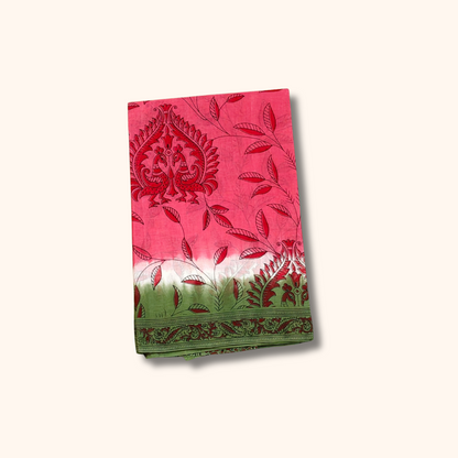 Pink & Green Kalamkari Printed Cotton Saree with Traditional Border – Separate Blouse