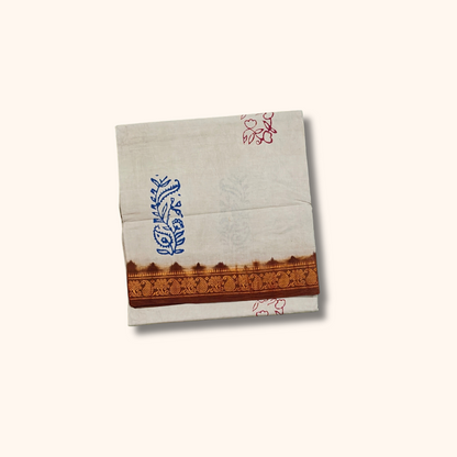 Off White Pure Sungudi Cotton Saree with Floral Prints & Brown One-Side Border – No Blouse