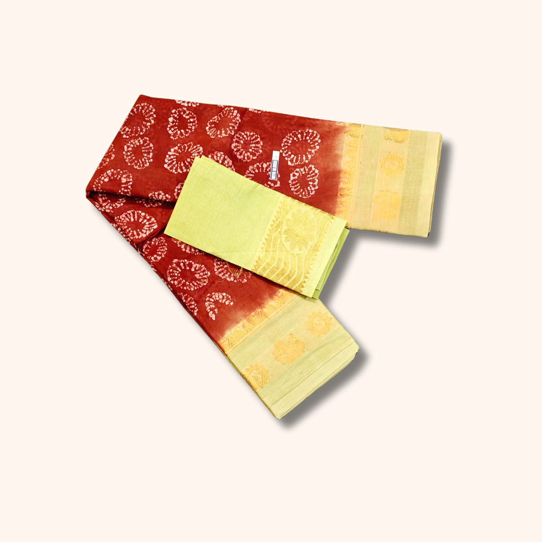 Rust Red & Pastel Green Pure Cotton Saree with Floral Zari Border – Running Blouse