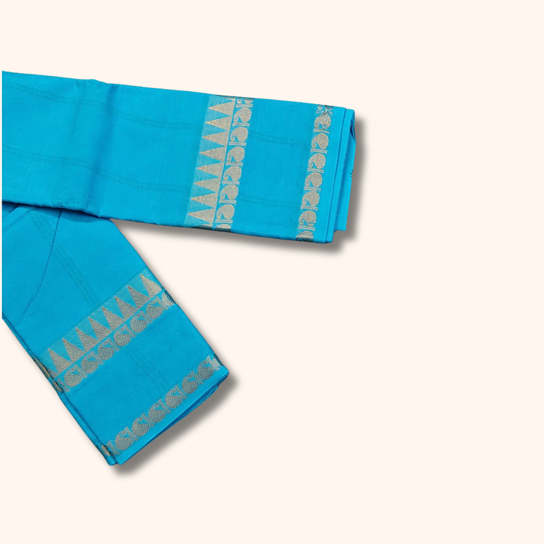 Turquoise Blue Pure Cotton Saree with Silver Zari Border – Running Blouse