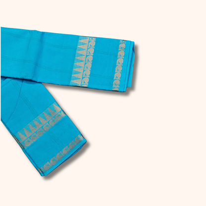 Turquoise Blue Pure Cotton Saree with Silver Zari Border – Running Blouse