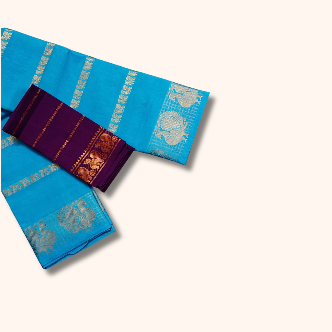 Turquoise Blue Cotton Saree with Silver Peacock Border & Purple Separate Blouse Piece