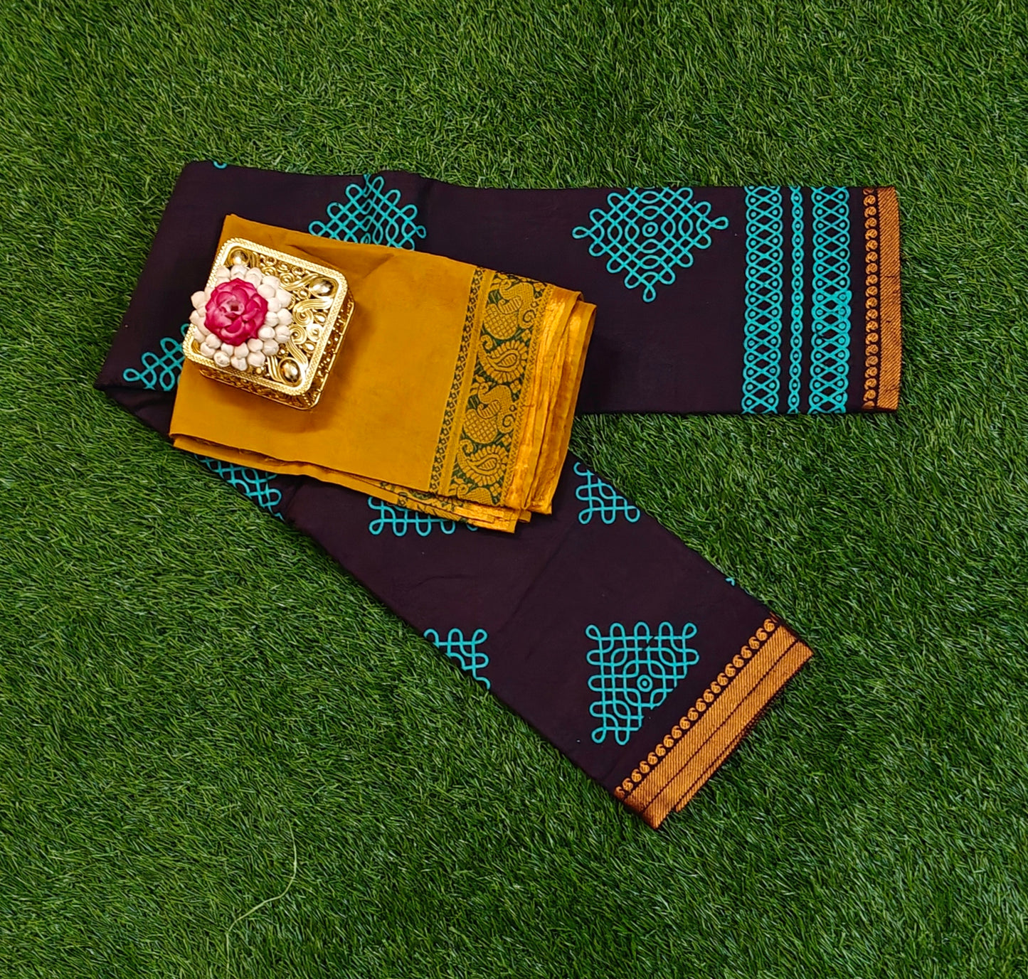 Dark Coffee Brown Sungudi Cotton Saree with Turquoise Kolam Motifs & Mustard Contrast Blouse