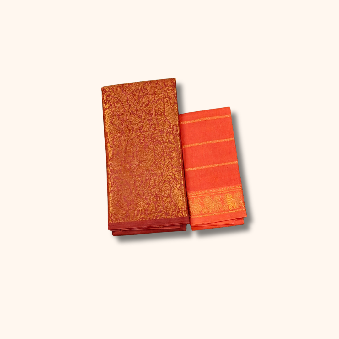 Rust Maroon Vasigara Pattern Sungudi Cotton Saree with Orange Contrast Separate Blouse Piece