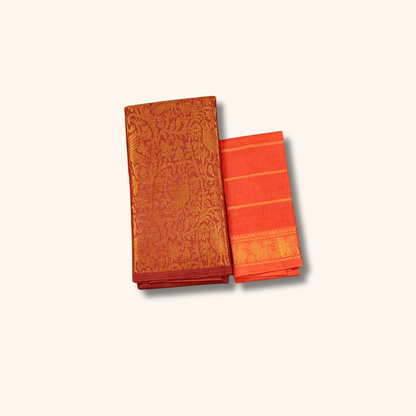 Rust Maroon Vasigara Pattern Sungudi Cotton Saree with Orange Contrast Separate Blouse Piece