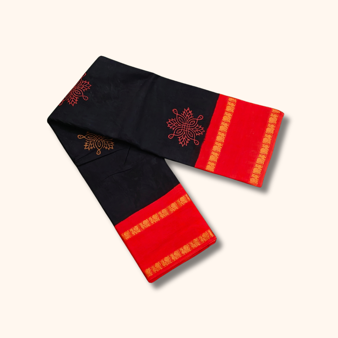 Black  Cotton Saree with Red Border and Traditional Motifs – Running Blouse