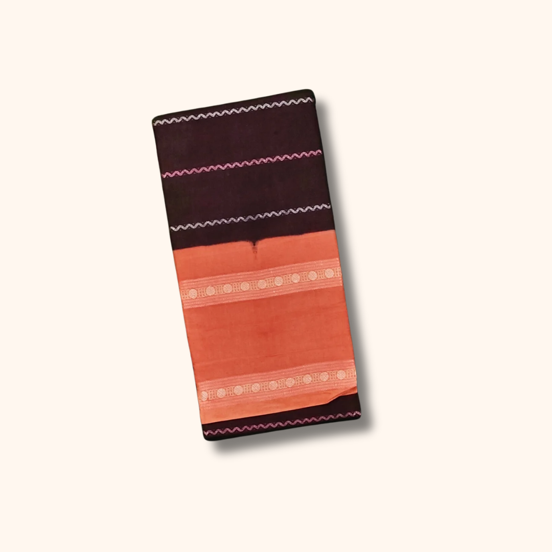 Dark Maroon Cotton Saree with Peach Border