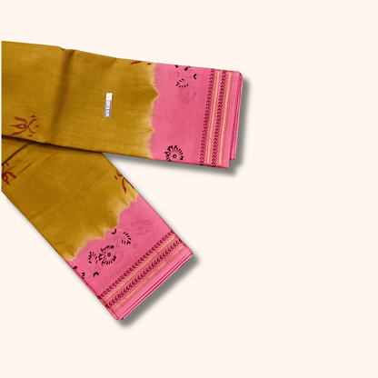 Mustard Yellow Sungudi Cotton Saree with Pink Border