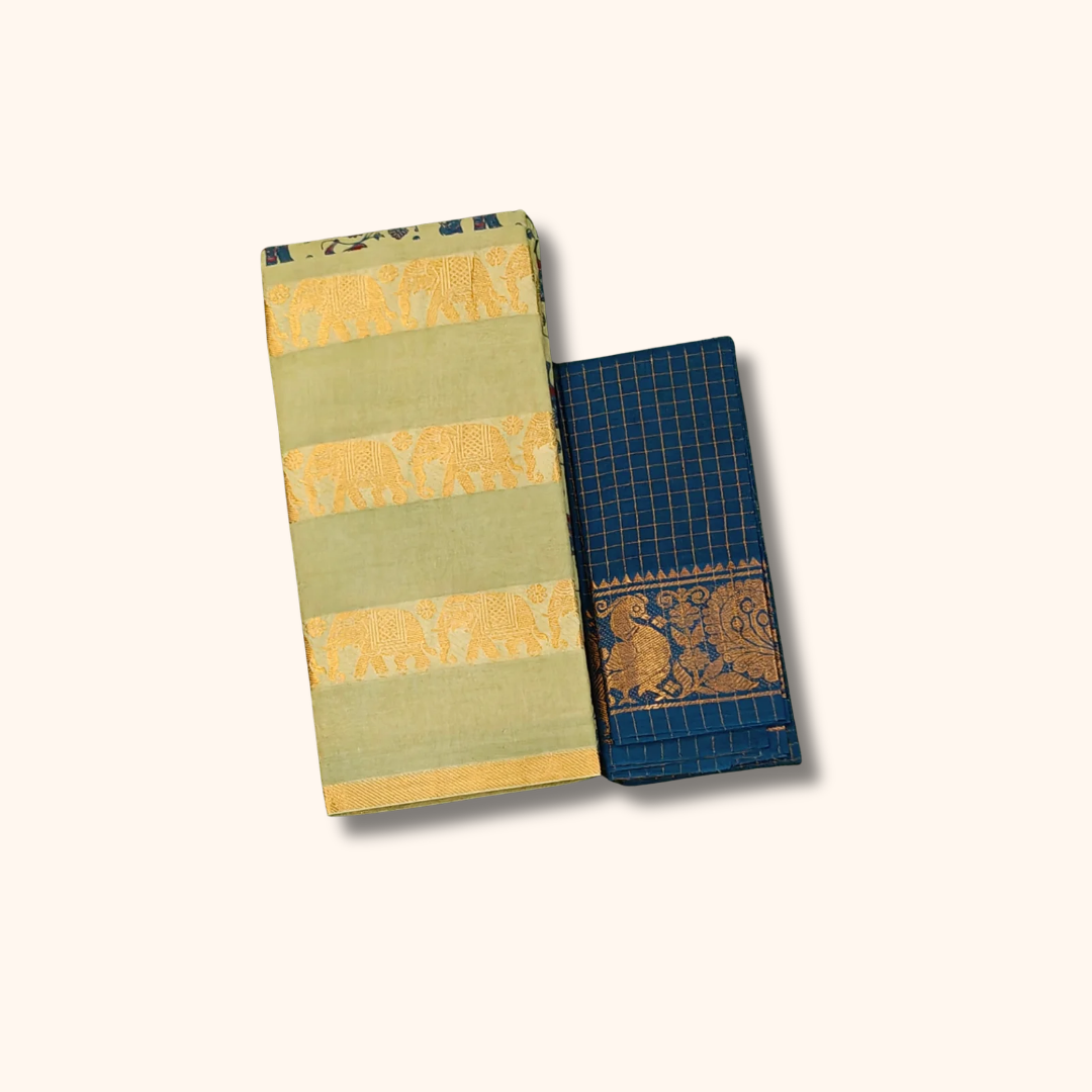 Pastel Green Elephant Border Cotton Saree with Separate Blouse