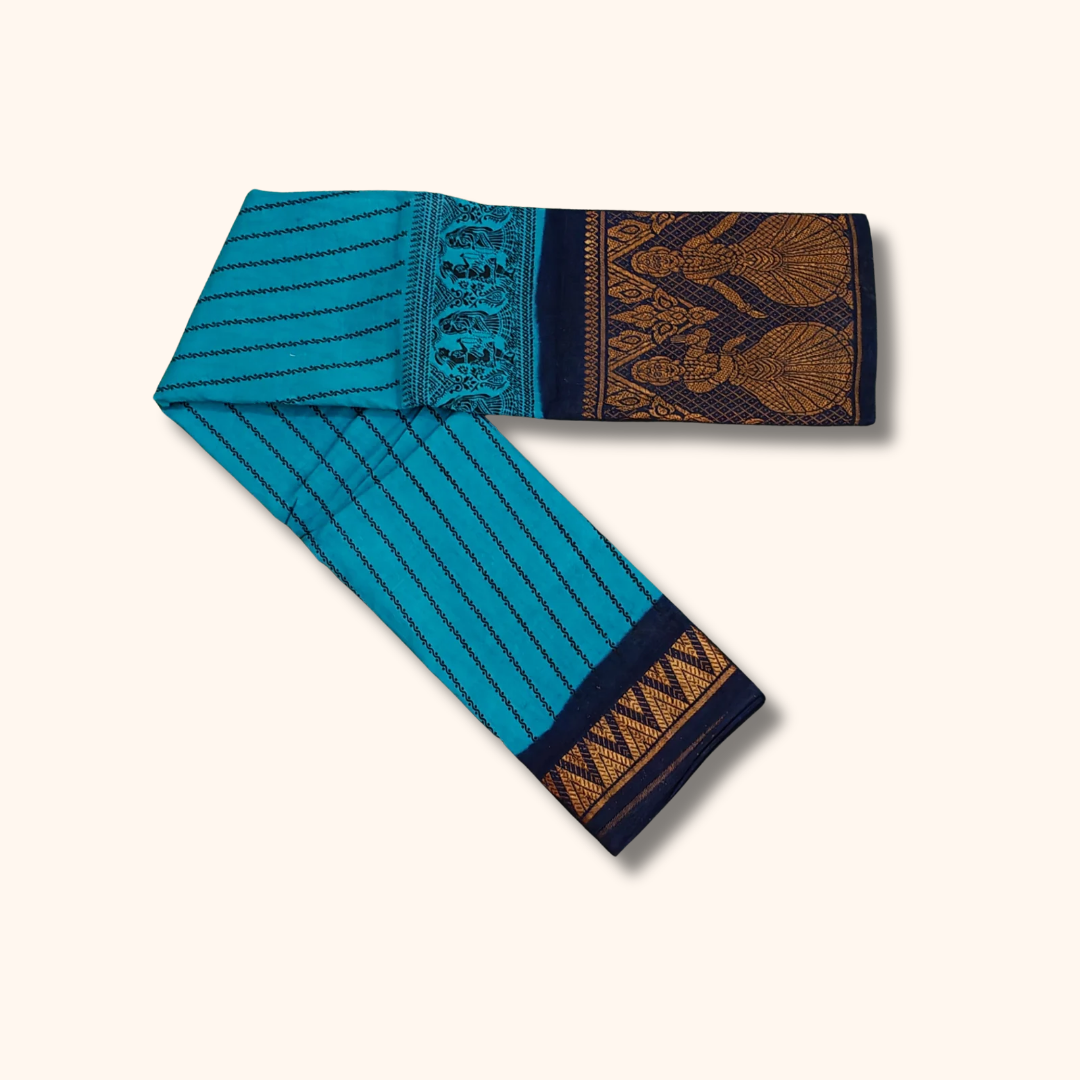 Turquoise Blue Sungudi Cotton Saree with Traditional Dancing Girl Border