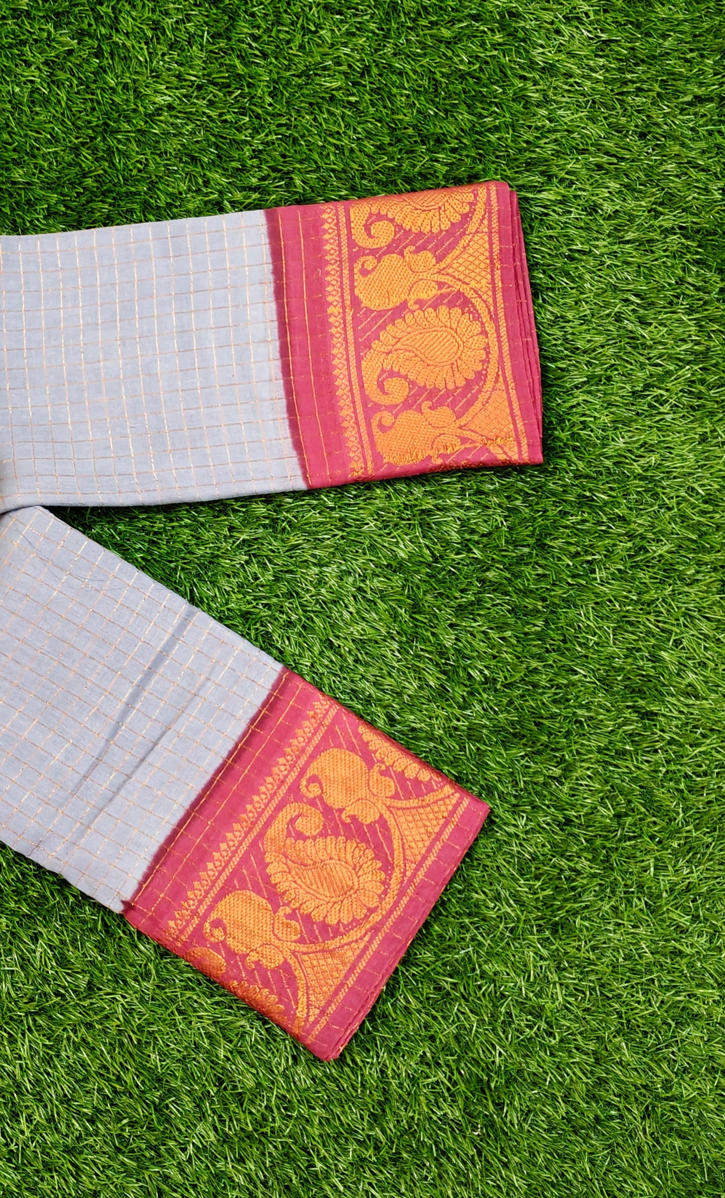 Grey with Maroon Zari Border Subgudi Checked Cotton Sarees