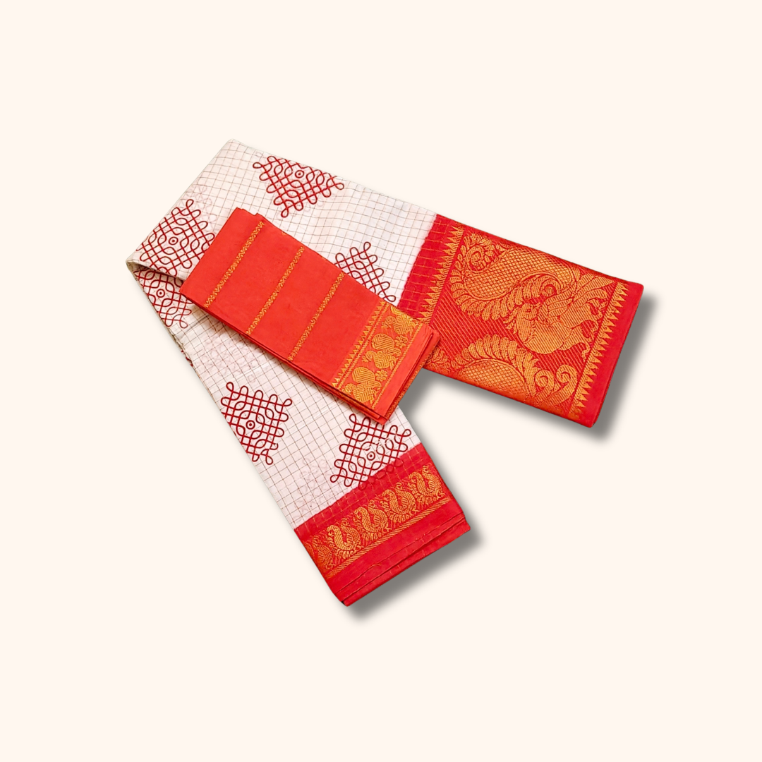 White Kolam Design Saree with Orange Border & Separate Blouse Piece