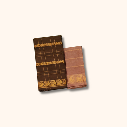 Dark Brown Pure Sungudi Cotton Saree with Gold Zari Checks & Paisley Border