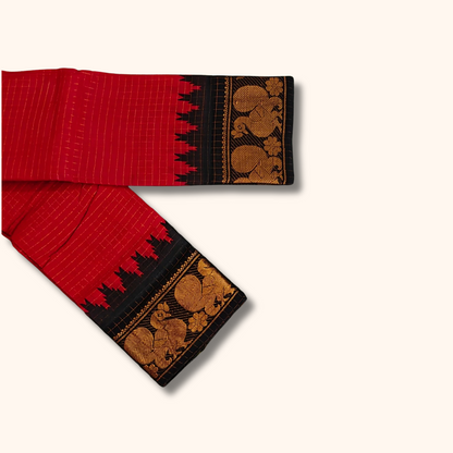 Red Pure Cotton Sungudi Saree with Black & Gold Zari Peacock Border