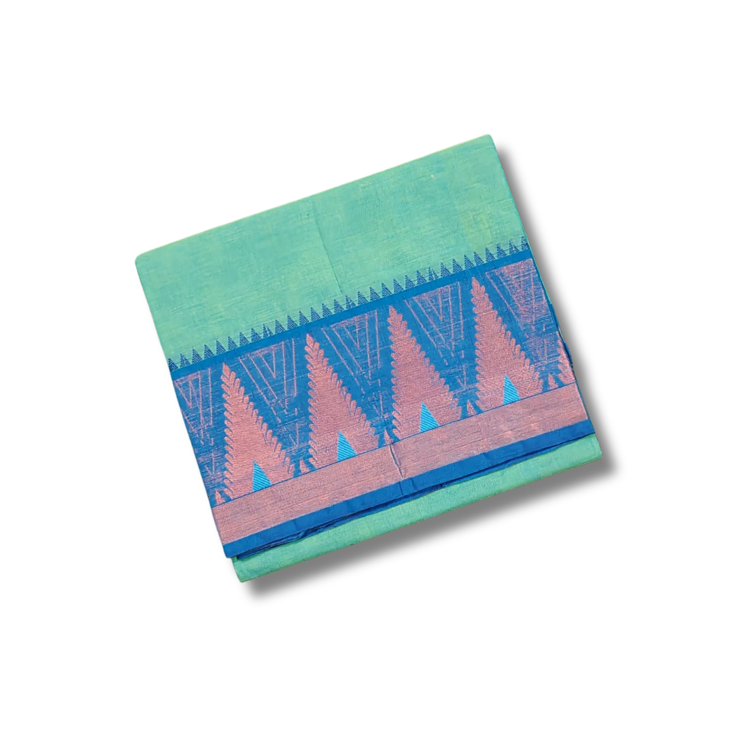 Aqua Blue Chettinad Cotton Saree with Traditional Tower Border
