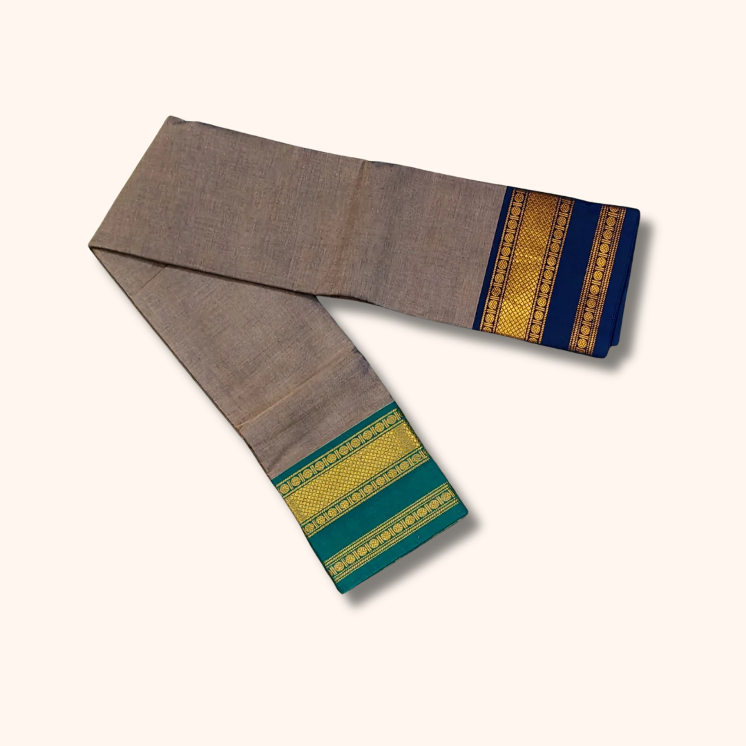 Grey Chettinad Cotton Saree with Blue & Teal Zari Border