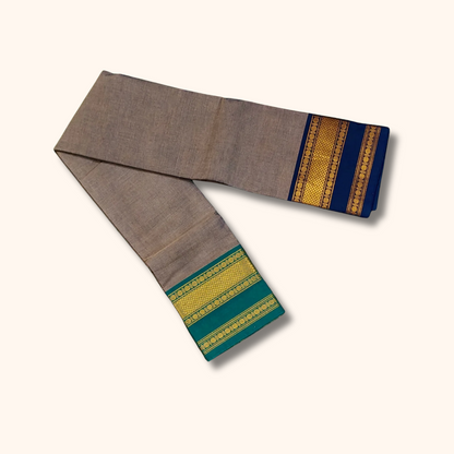 Grey Chettinad Cotton Saree with Blue & Teal Zari Border