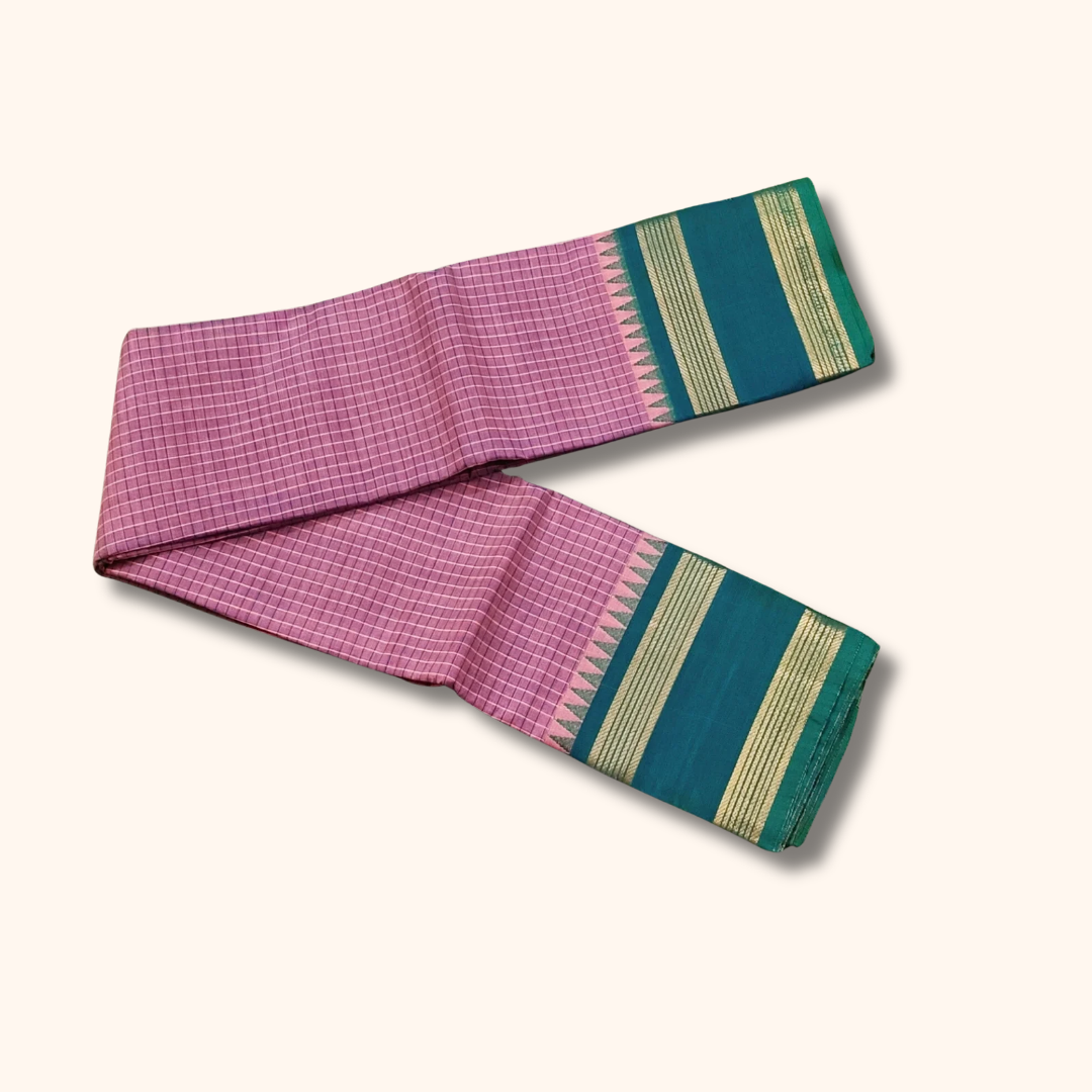 Baby Pink Chettinad Cotton Saree with Green Border